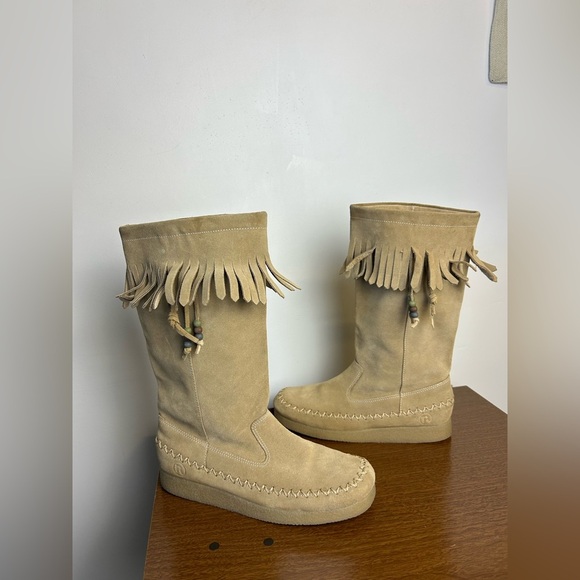 VTG Y2k Report Dubai Tan Suede Genuine leather Shoes Fringe platform Size 9 Wome - Picture 4 of 16